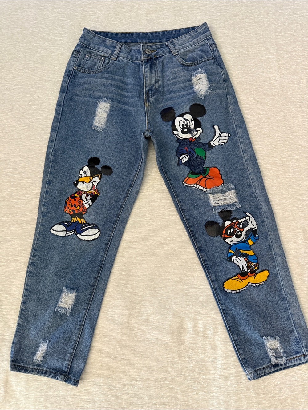 Y2K Vintage Distressed Denim Jeans with Mickey Mouse patches